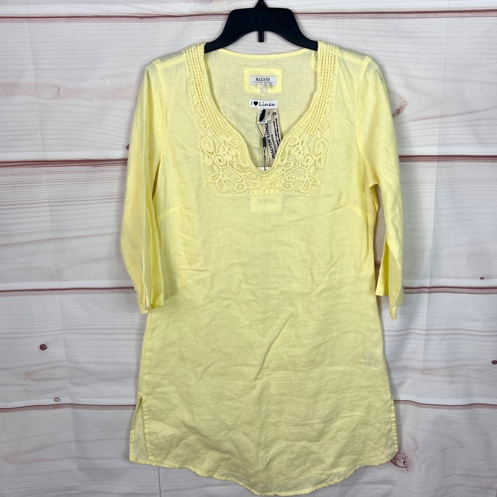 Malvin Hamburg Top Womens M Yellow Linen Tunic Blouse Crochet Trim 3/4 Sleeve